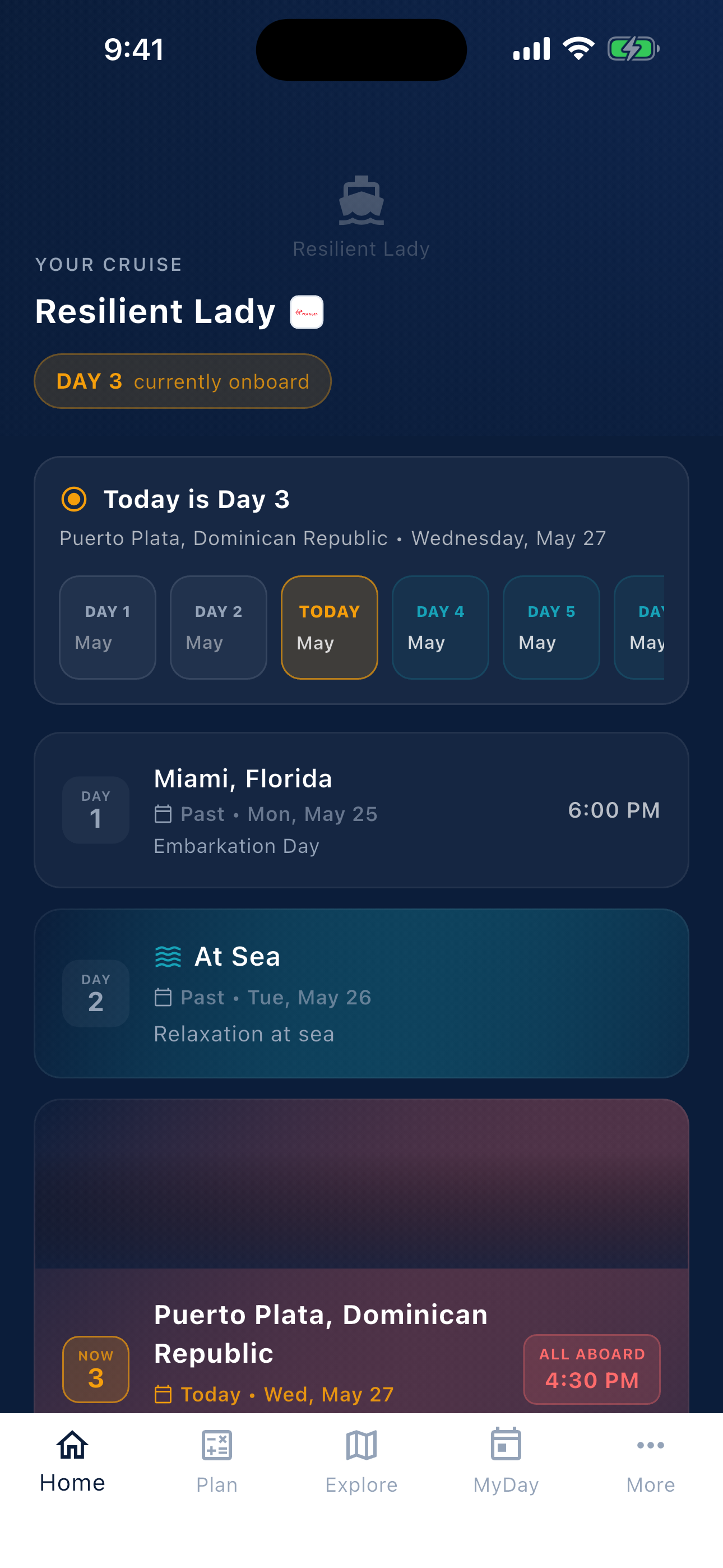 CruiseKit itinerary screen for cruise day planning