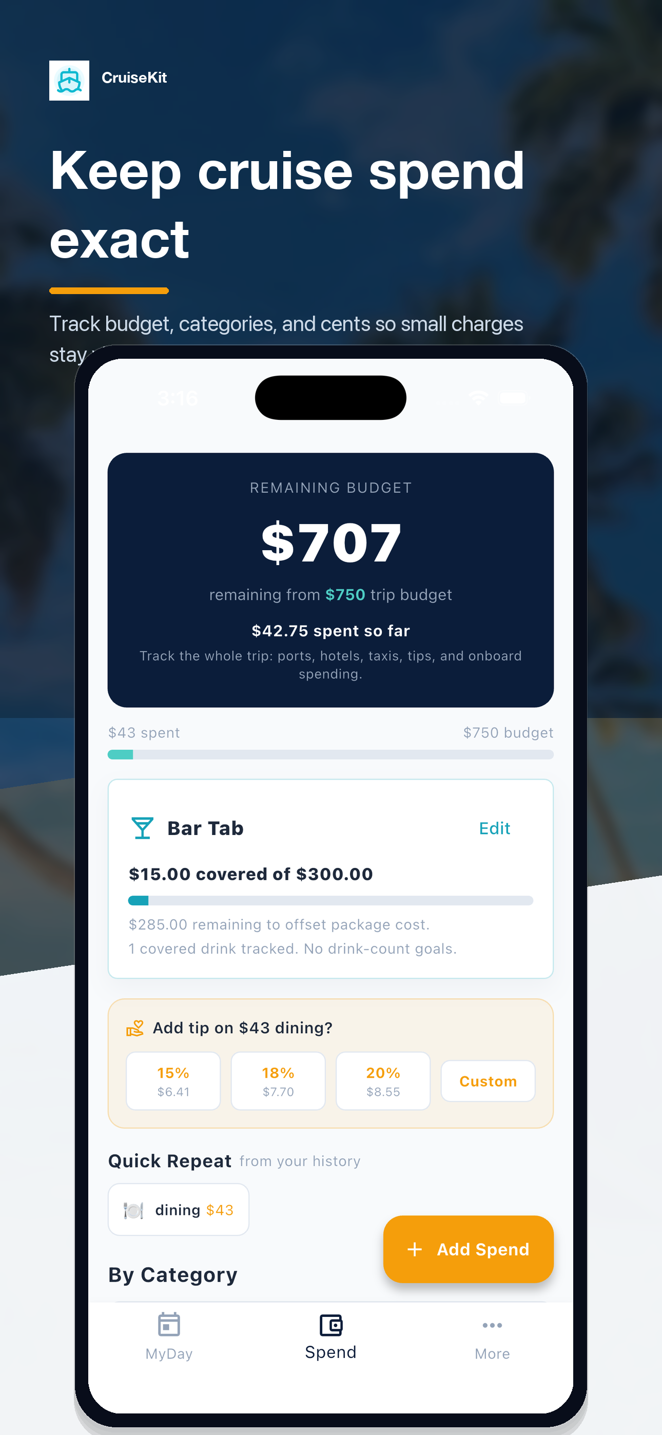 Exact Spend screen in CruiseKit