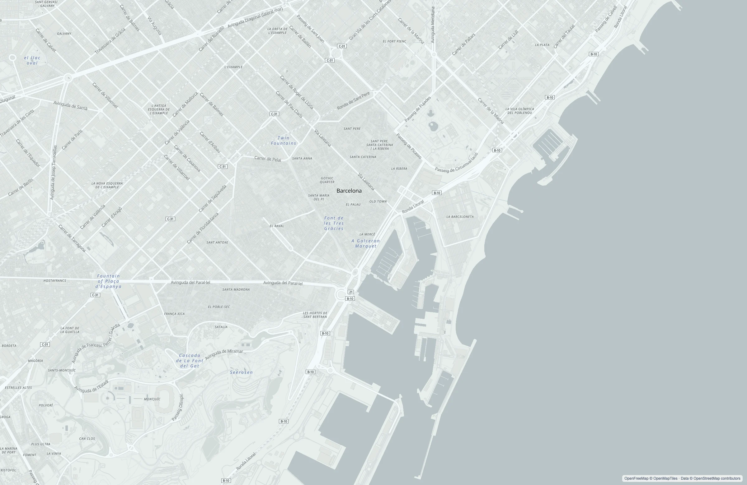 Street map of the Barcelona, Spain port area