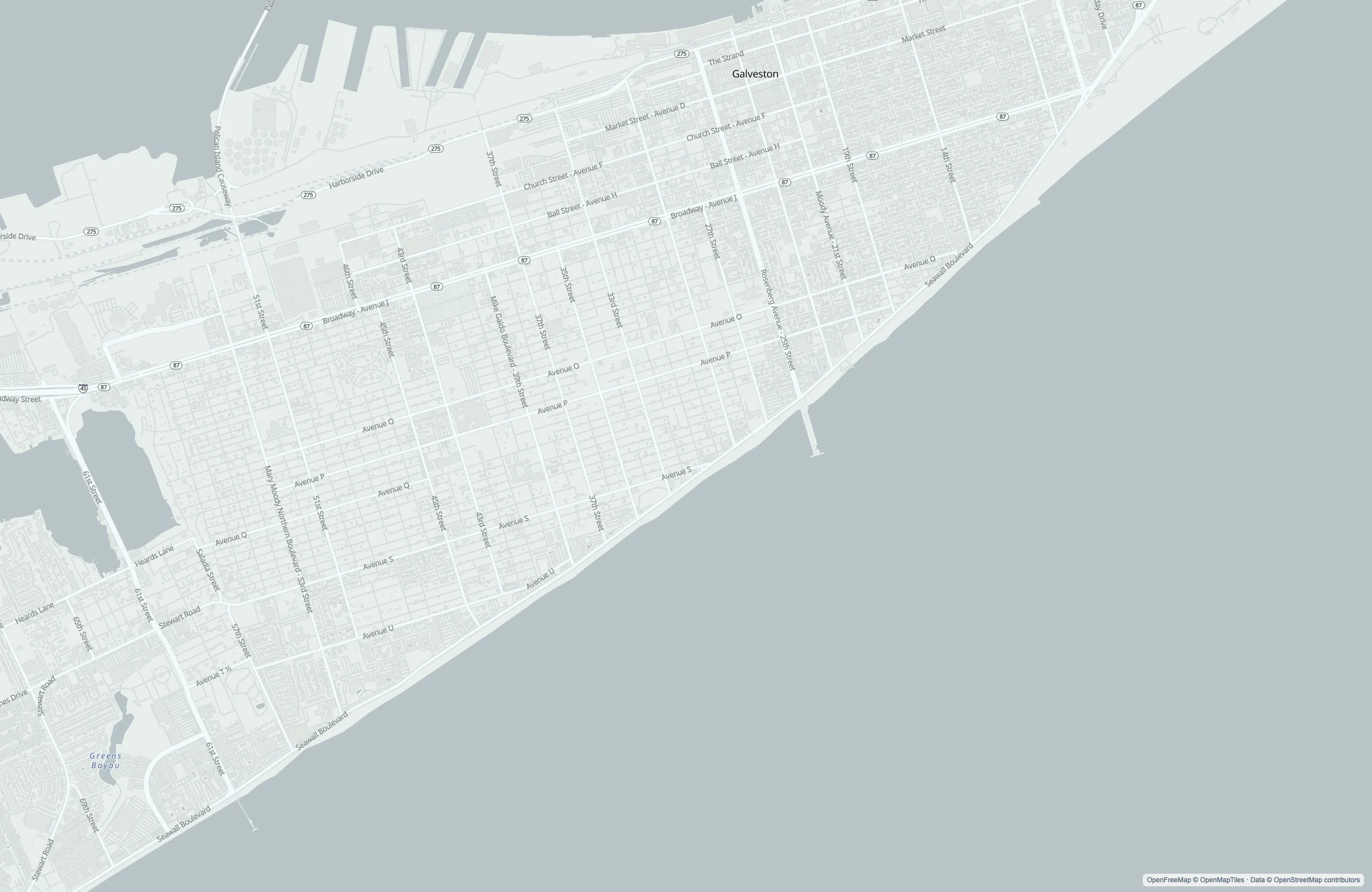 Street map of the Galveston, United States port area