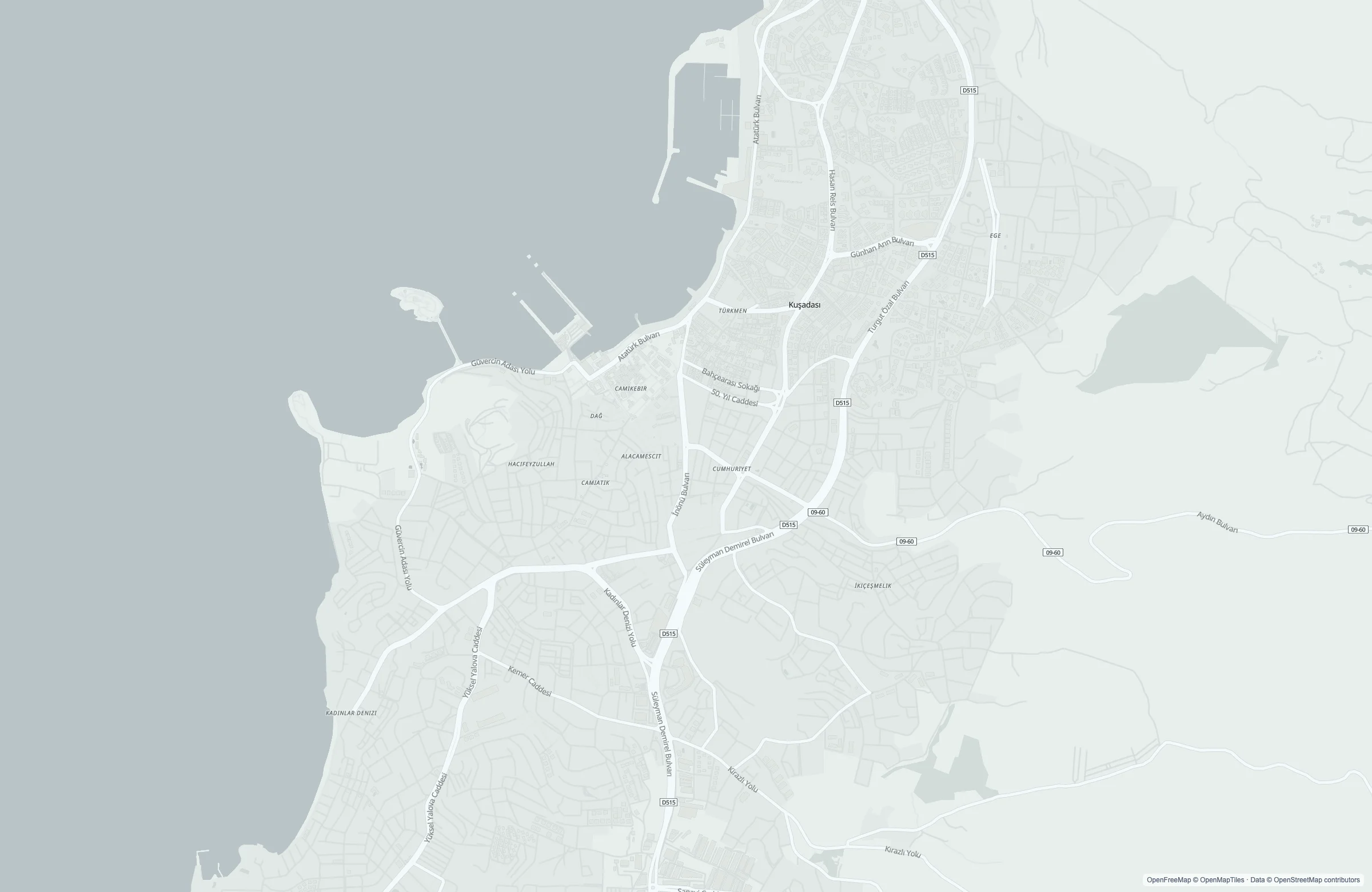 Static street map of the Kusadasi, Turkiye port area