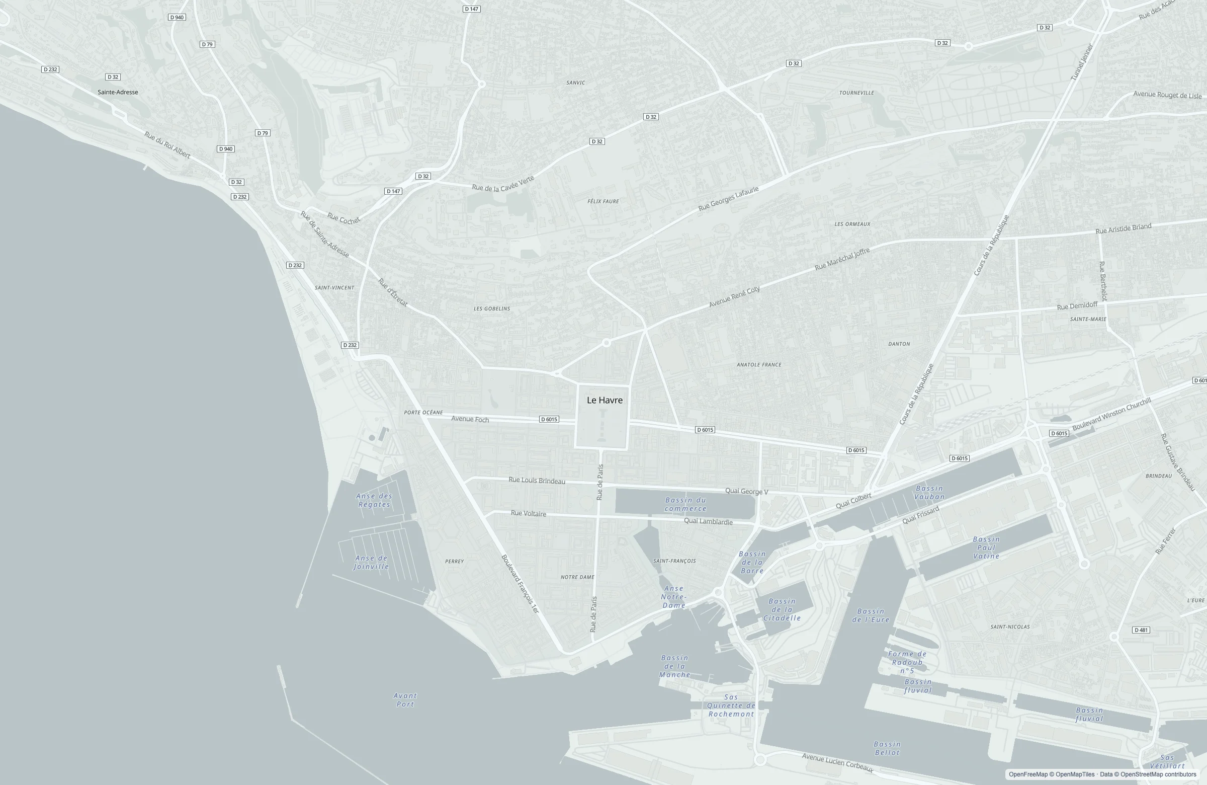 Street map of the Le Havre (Paris), France port area