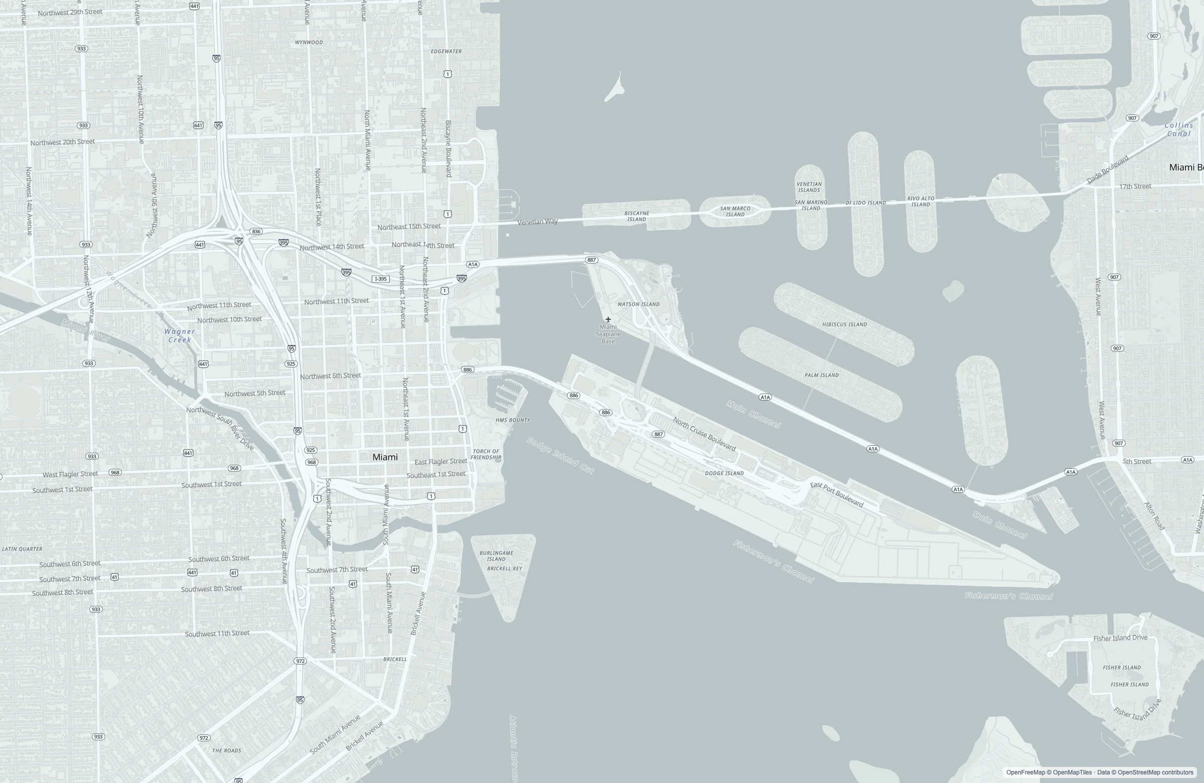 Street map of the Miami, United States port area