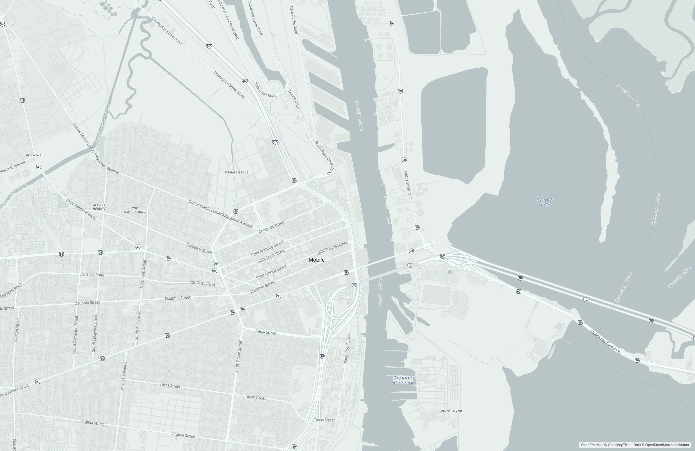 Street map of the Mobile, United States port area