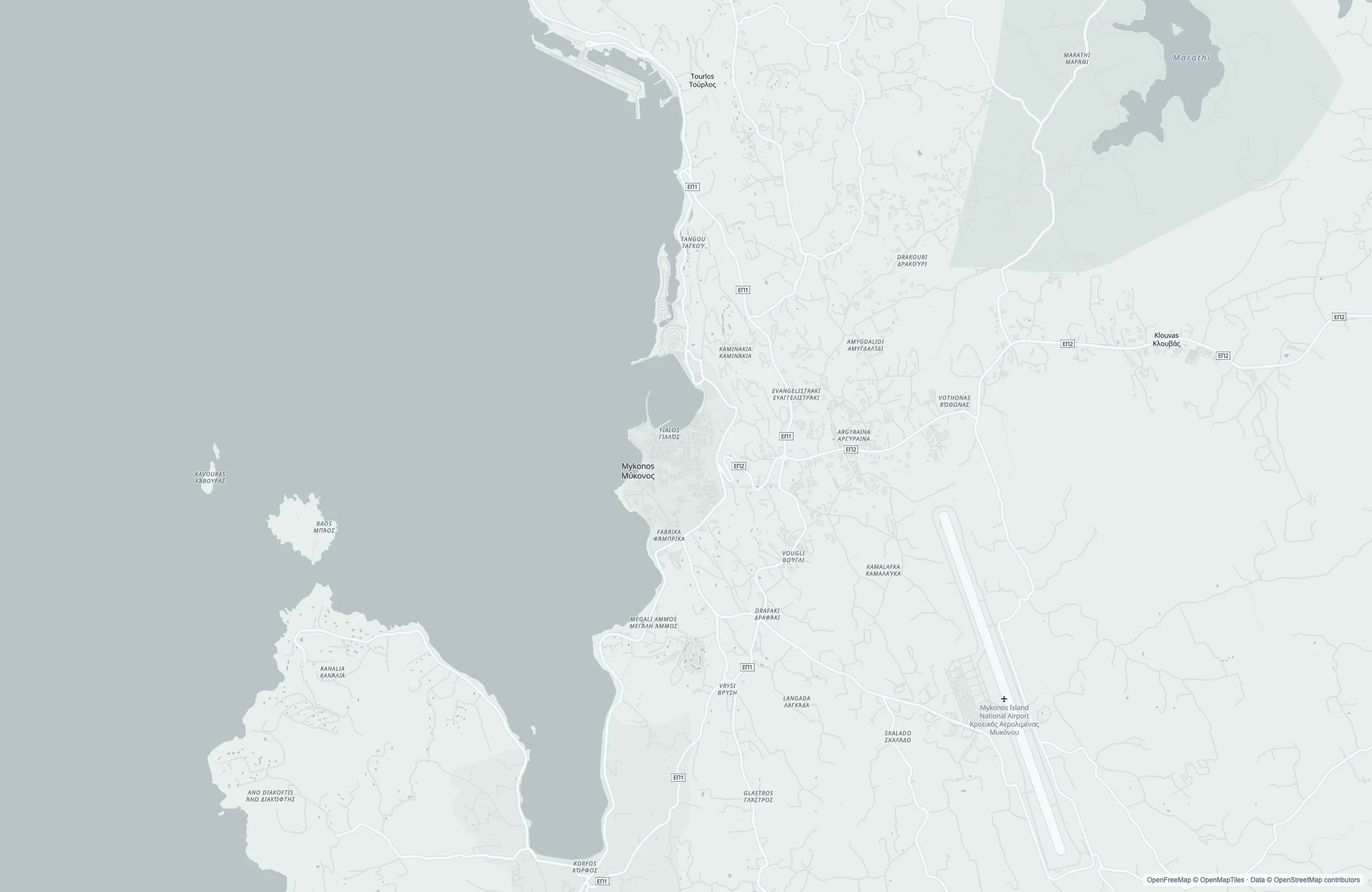 Static street map of the Mykonos, Greece port area