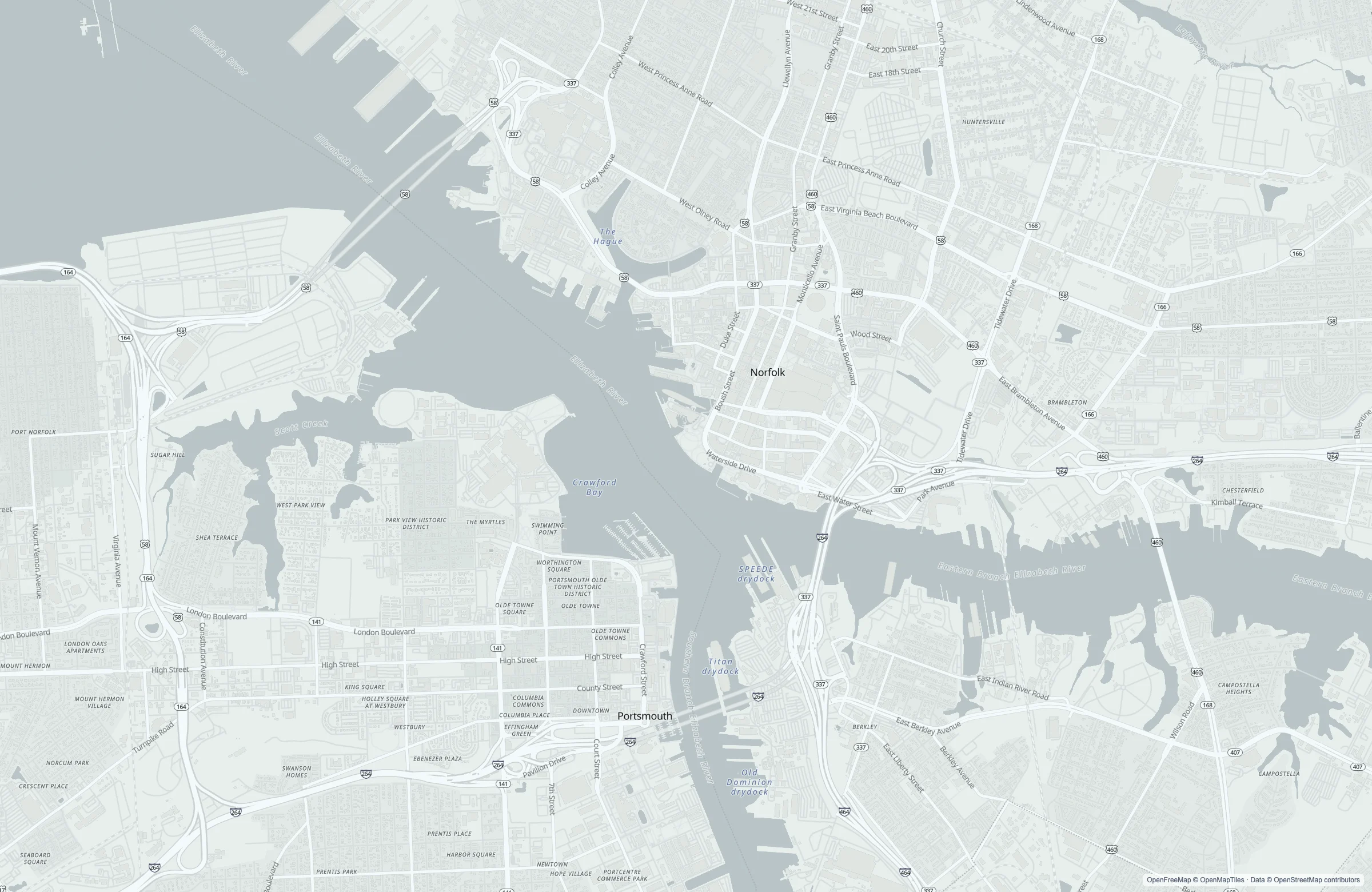 Street map of the Norfolk, United States port area