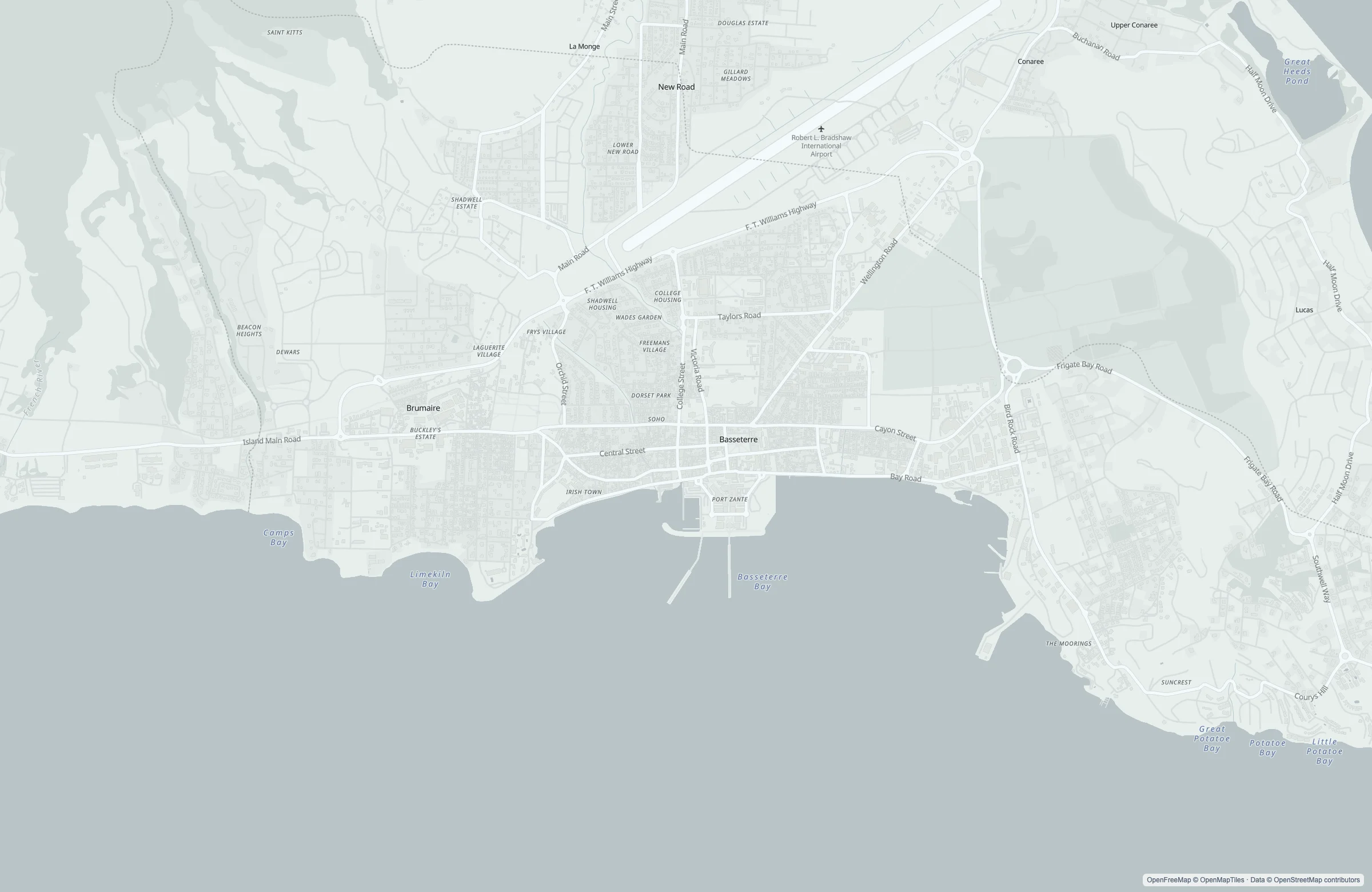Street map of the St. Kitts, St. Kitts & Nevis port area