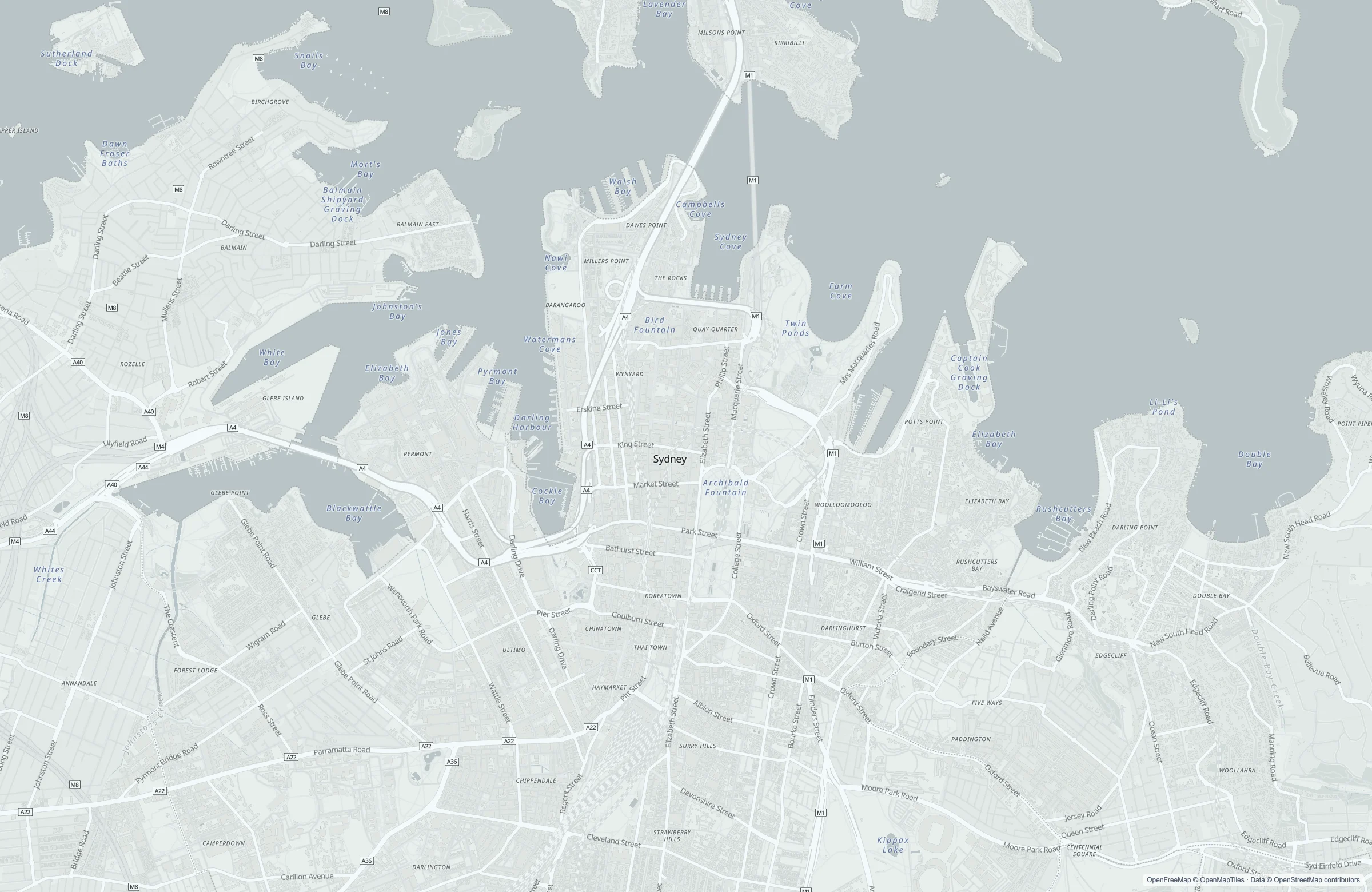 Static street map of the Sydney, Australia port area