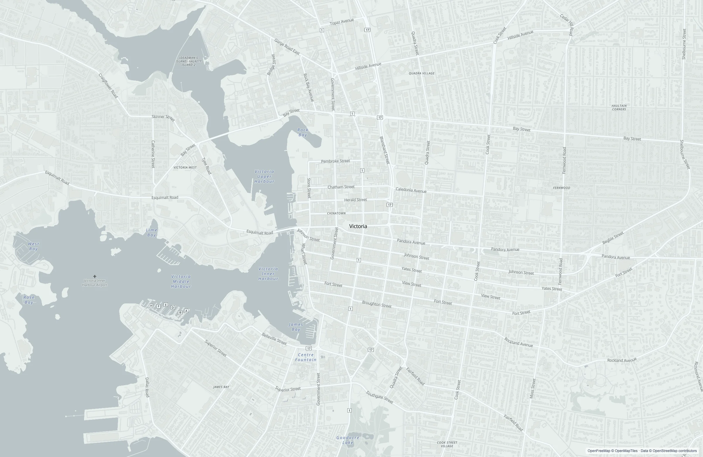 Street map of the Victoria, Canada port area